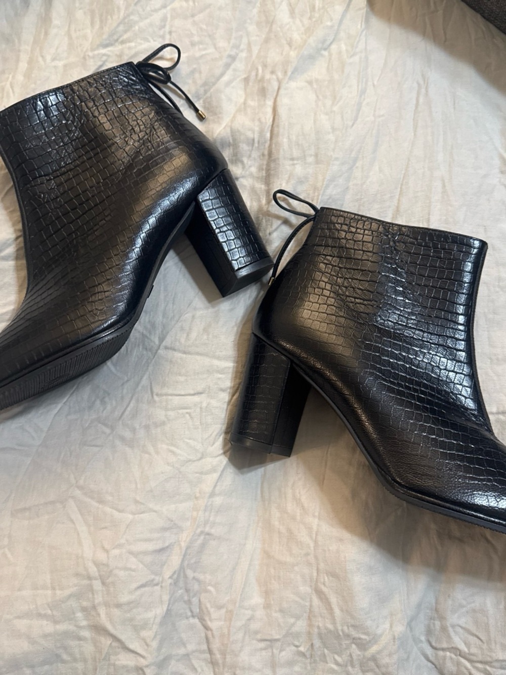 Stuart Weitzman Black Croc-Embossed Block Heel Ankle Boots